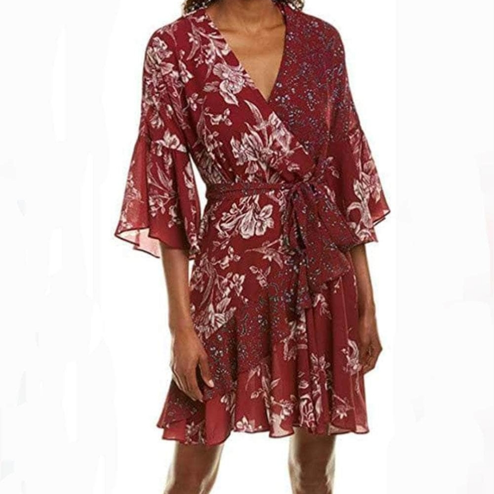 French Connection FLORAL Bell Sleeve Ruffled Wrap Dress Size 2 EUC